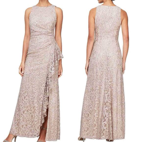 Alex Evenings Lace Draped Long Evening Dress Size 4 Buff Light Pink 81122434 - Picture 1 of 8